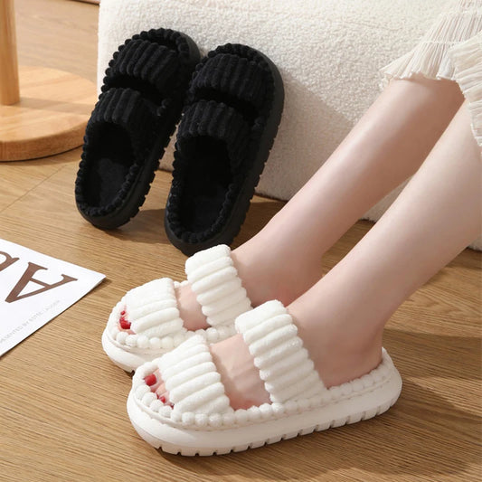Corduroy Double Strap Luxury Plush Slippers