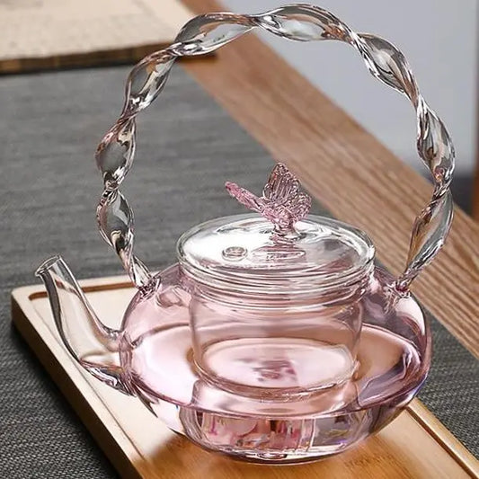 Pink Glass Teapot with Built-In Steeper, Twisted Handle & Butterfly Lid