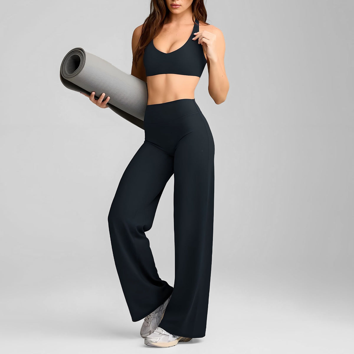 Women's sporty solid-color loose-fitting wide-leg yoga set