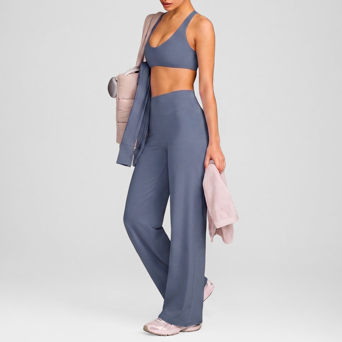 Women's sporty solid-color loose-fitting wide-leg yoga set