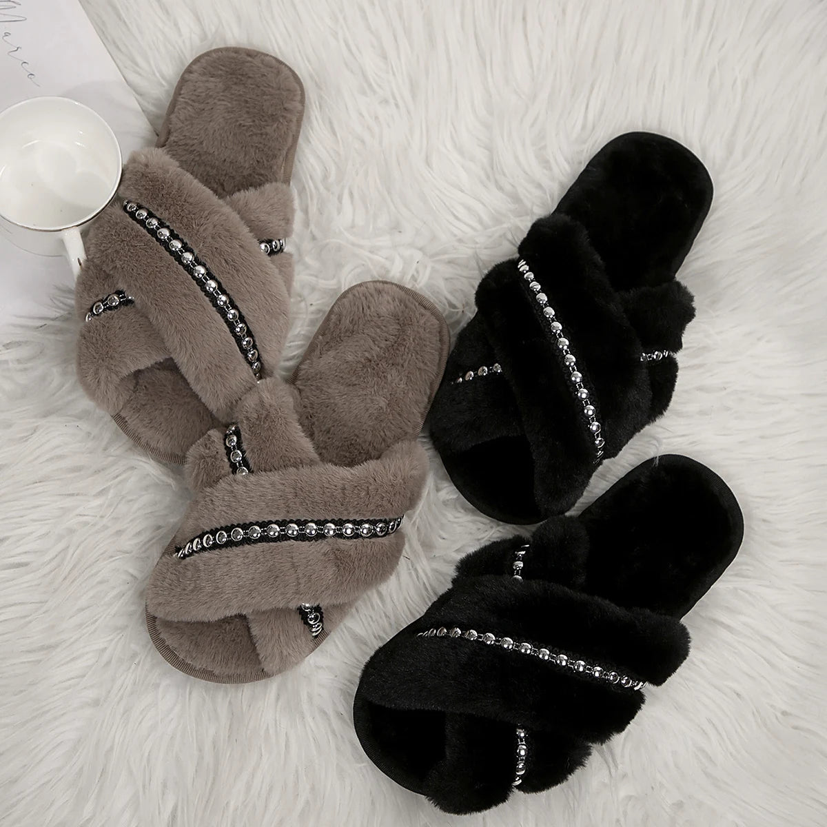 Plush Beaded Cross Strap Slippers