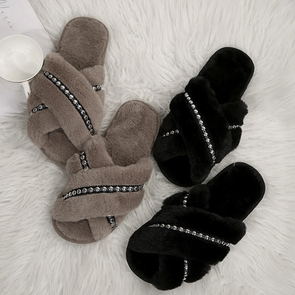 Plush Beaded Cross Strap Slippers