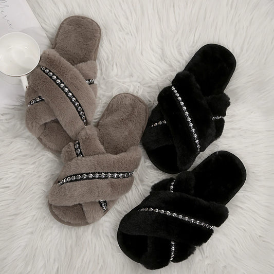 Plush Beaded Cross Strap Slippers