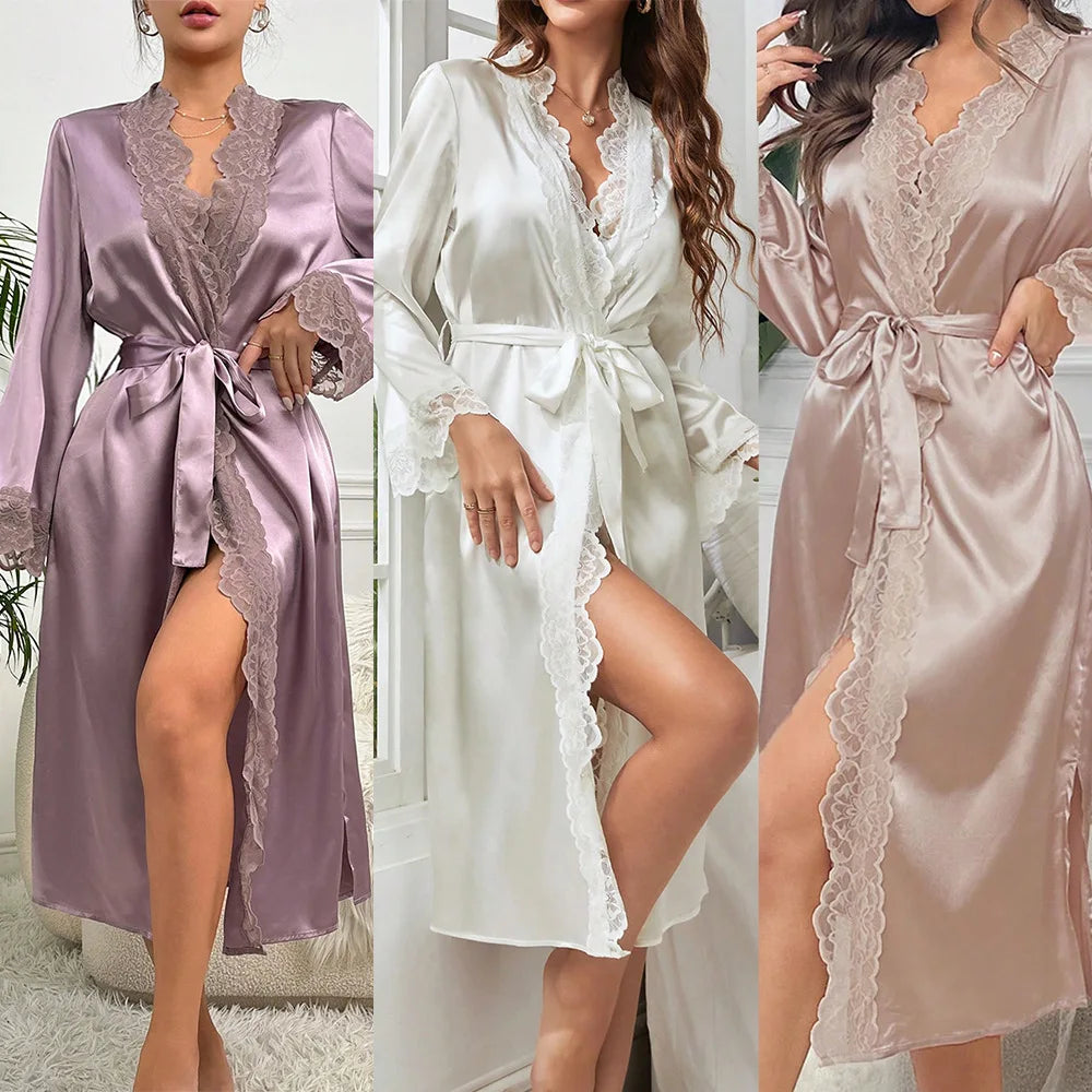 Beautiful Satin Lace Trim Kimono Robe