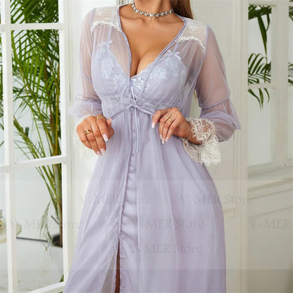 Elegant Mesh Kimono Robe and Gown with Floral Lace