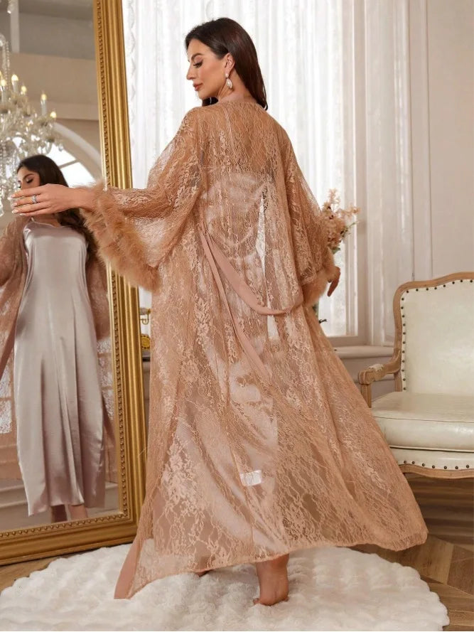 Luxury Mesh Lace Floral Kimono & Satin Gown Set