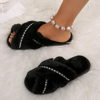 Plush Beaded Cross Strap Slippers