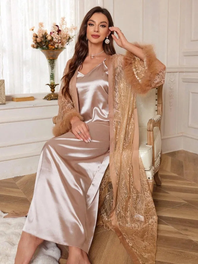 Luxury Mesh Lace Floral Kimono & Satin Gown Set