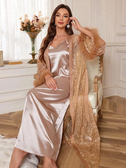 Luxury Mesh Lace Floral Kimono & Satin Gown Set