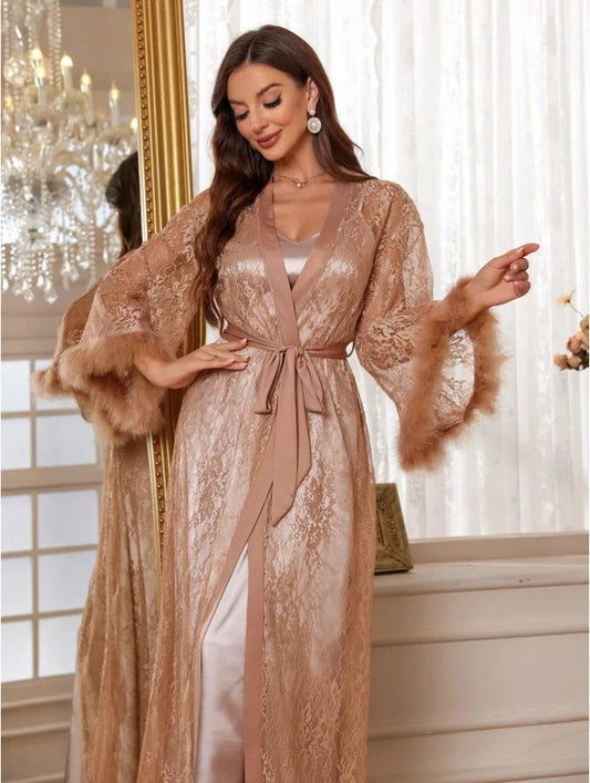 Luxury Mesh Lace Floral Kimono & Satin Gown Set