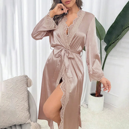 Beautiful Satin Lace Trim Kimono Robe