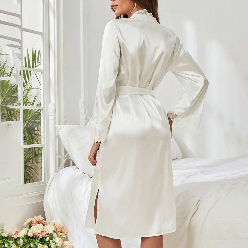 Beautiful Satin Lace Trim Kimono Robe