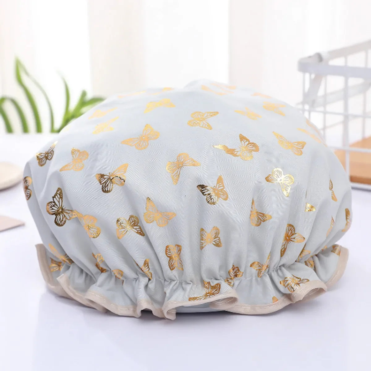 Double-Layer Waterproof Shower Cap – Gold Butterfly Print