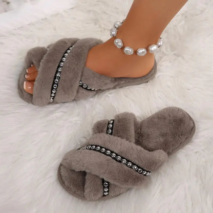 Plush Beaded Cross Strap Slippers