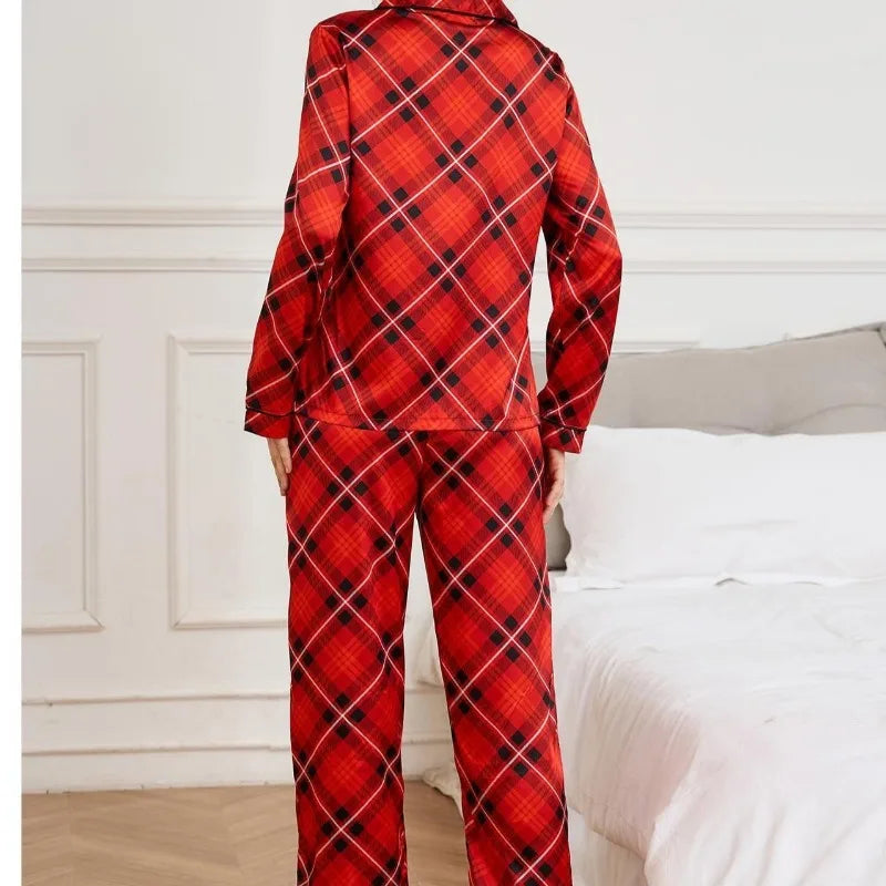 Velvet Trim Plaid Pajama Set – Christmas Red Satin Touch Loungewear