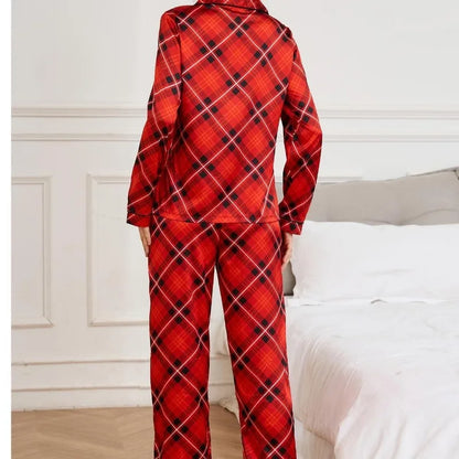 Velvet Trim Plaid Pajama Set – Christmas Red Satin Touch Loungewear
