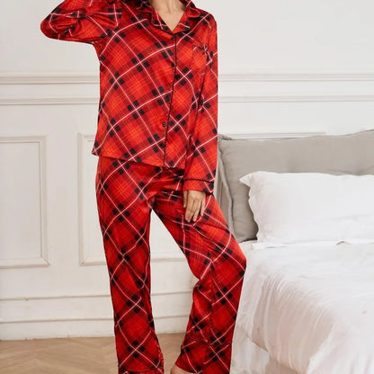 Velvet Trim Plaid Pajama Set – Christmas Red Satin Touch Loungewear