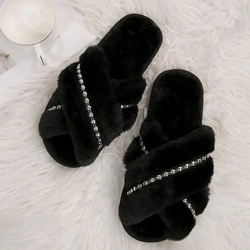 Plush Beaded Cross Strap Slippers