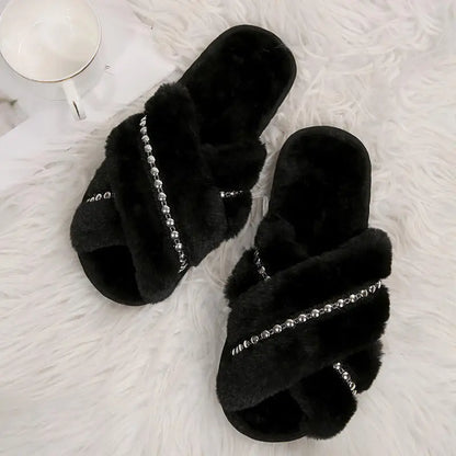 Plush Beaded Cross Strap Slippers