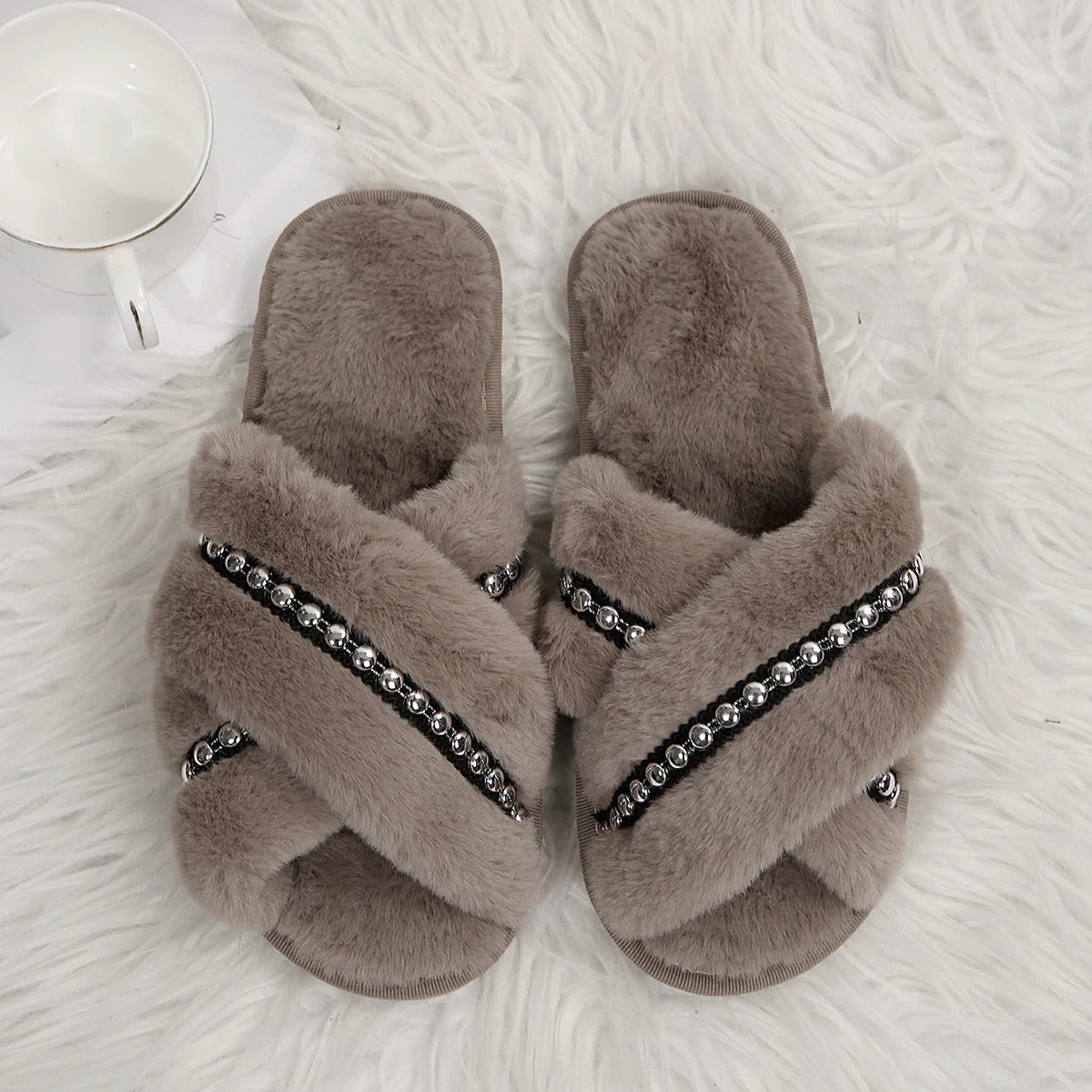 Plush Beaded Cross Strap Slippers