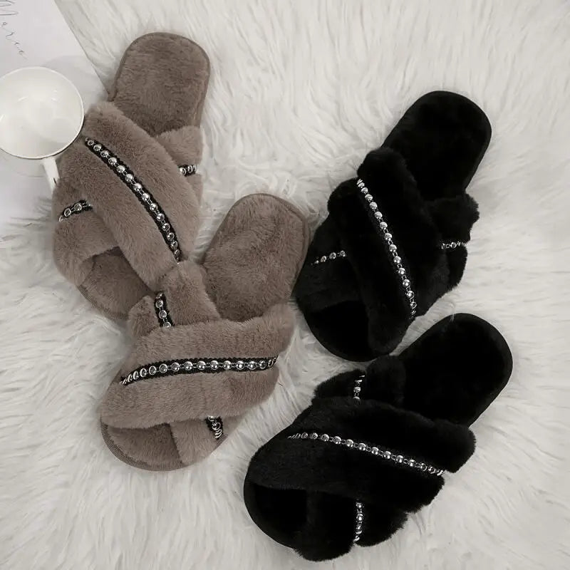 Plush Beaded Cross Strap Slippers