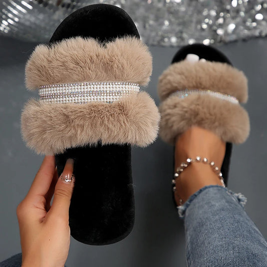 Luxury Crystal, Pearl & Chain Accent Plush Slippers