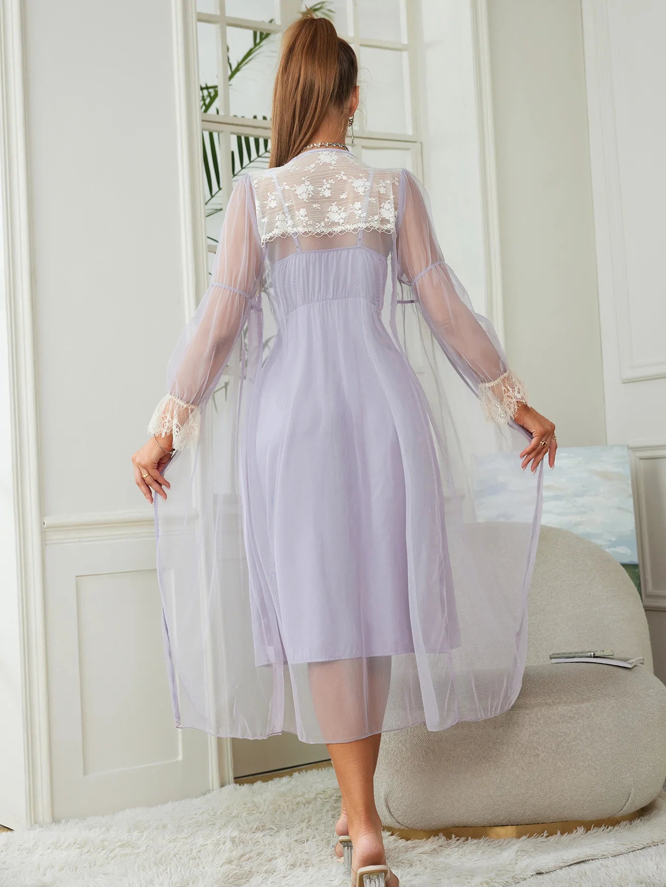 Elegant Mesh Kimono Robe and Gown with Floral Lace