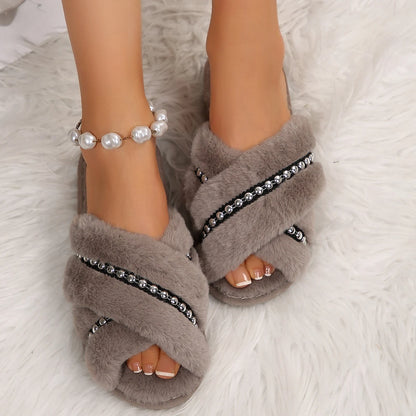 Plush Beaded Cross Strap Slippers