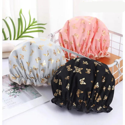 Double-Layer Waterproof Shower Cap – Gold Butterfly Print