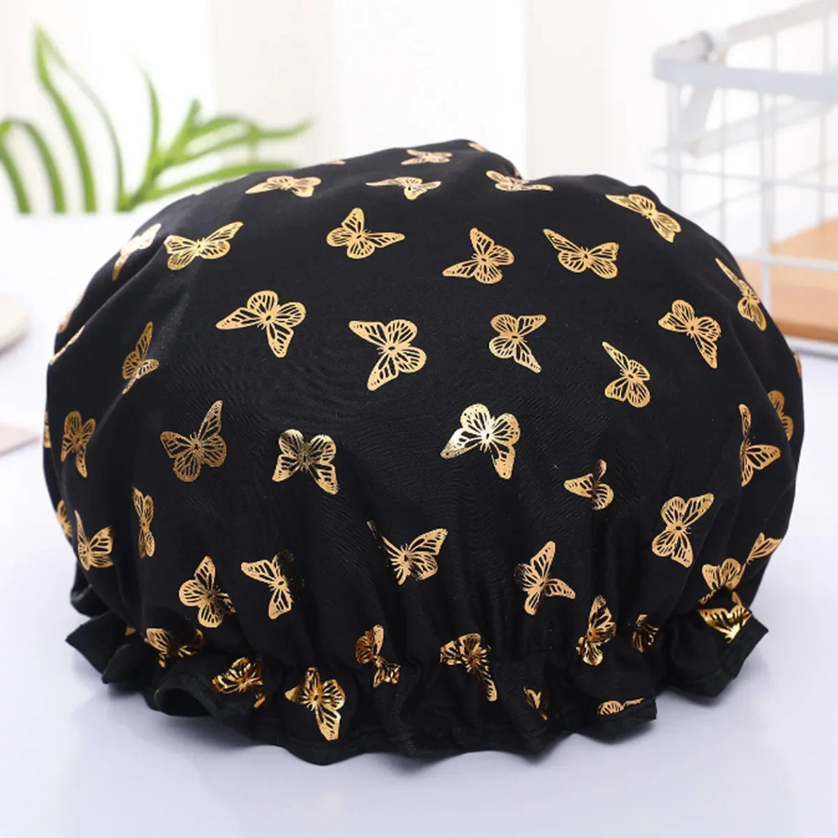 Double-Layer Waterproof Shower Cap – Gold Butterfly Print