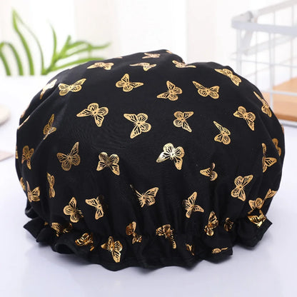 Double-Layer Waterproof Shower Cap – Gold Butterfly Print