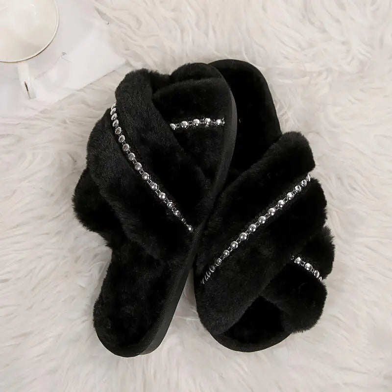 Plush Beaded Cross Strap Slippers