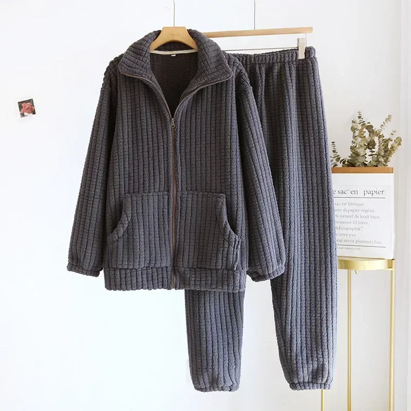 Plush Autumn/Winter Flannel Pajama Set – Cozy Zipper Two-Piece