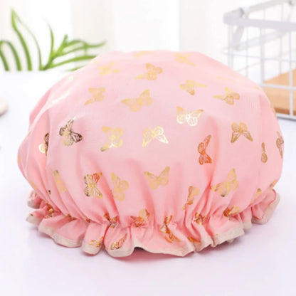 Double-Layer Waterproof Shower Cap – Gold Butterfly Print