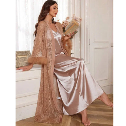 Luxury Mesh Lace Floral Kimono & Satin Gown Set