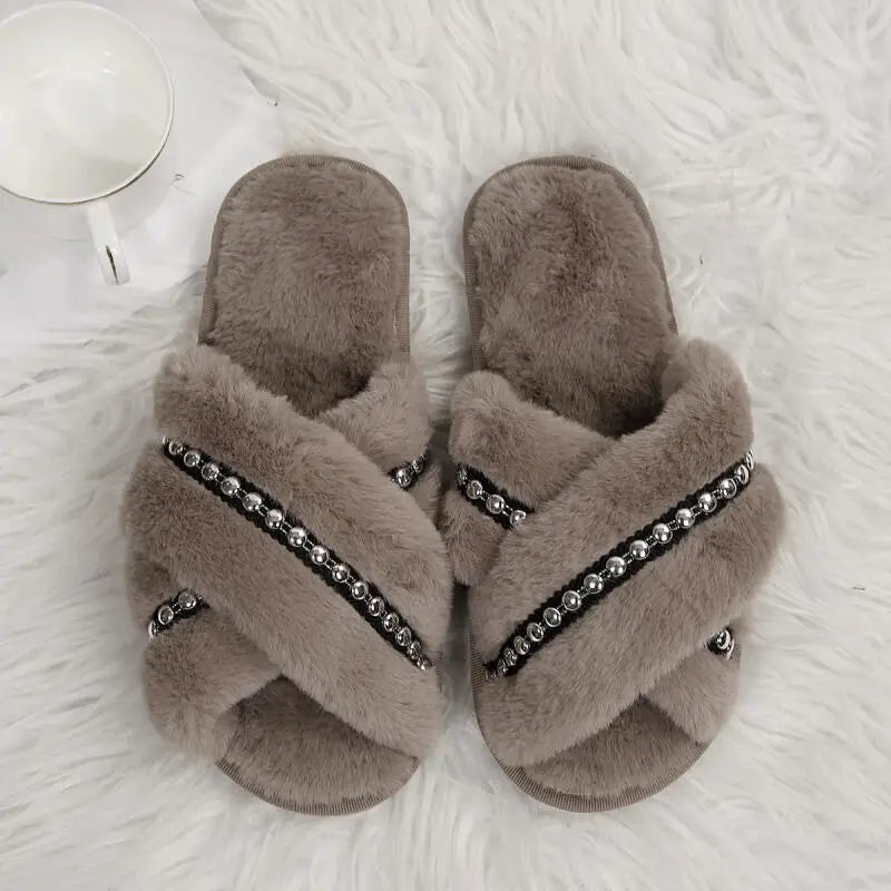 Plush Beaded Cross Strap Slippers
