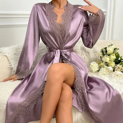 Beautiful Satin Lace Trim Kimono Robe
