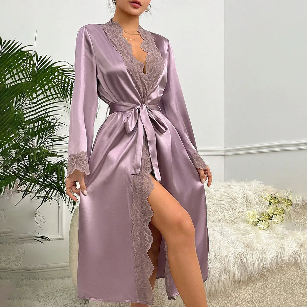Beautiful Satin Lace Trim Kimono Robe