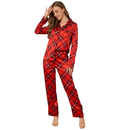Velvet Trim Plaid Pajama Set – Christmas Red Satin Touch Loungewear