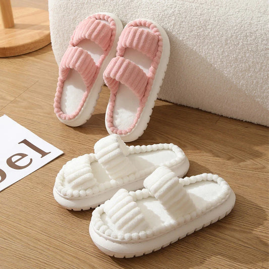 Corduroy Double Strap Luxury Plush Slippers