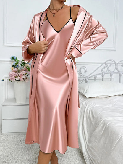 Luxury Silk Pajamas Set – Long Sleeve Robe & Slip Gown