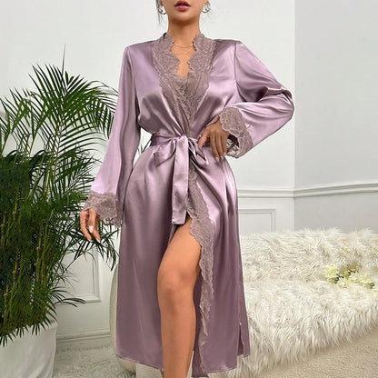Beautiful Satin Lace Trim Kimono Robe