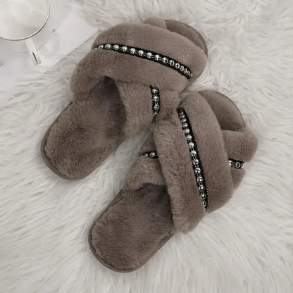 Plush Beaded Cross Strap Slippers