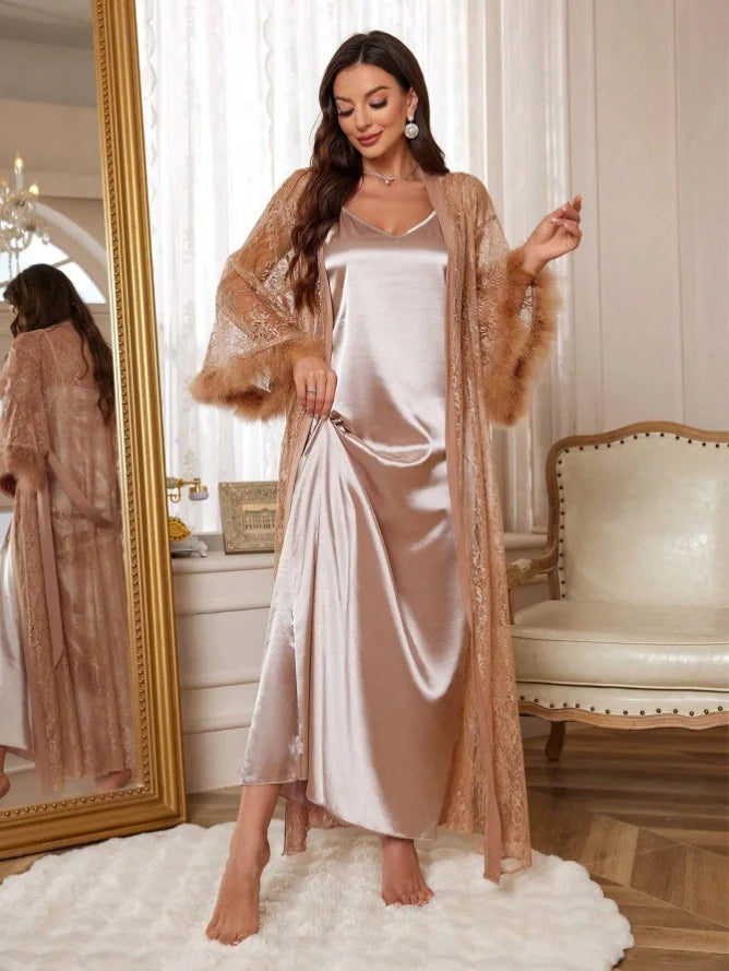 Luxury Mesh Lace Floral Kimono & Satin Gown Set