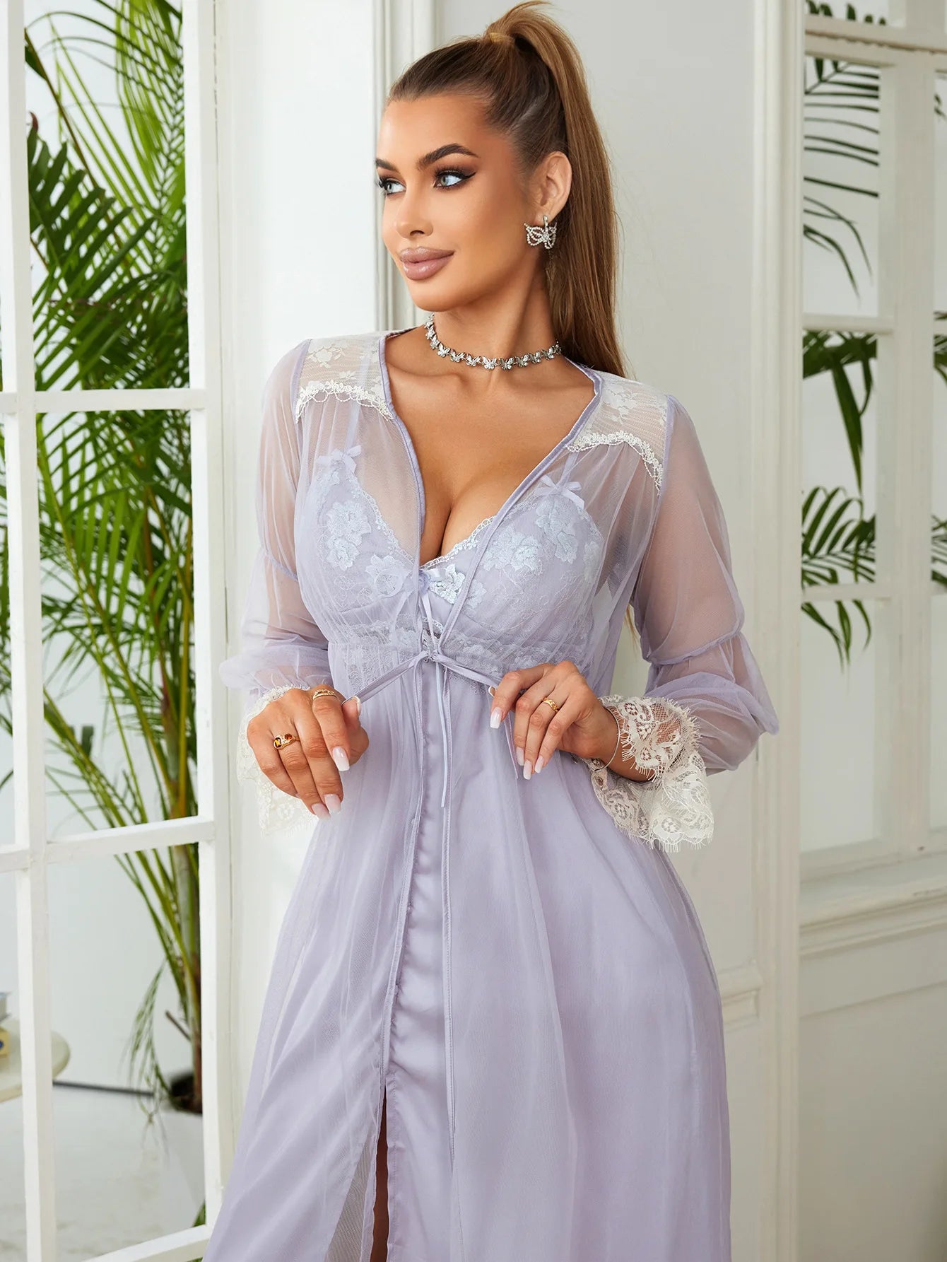 Elegant Mesh Kimono Robe and Gown with Floral Lace